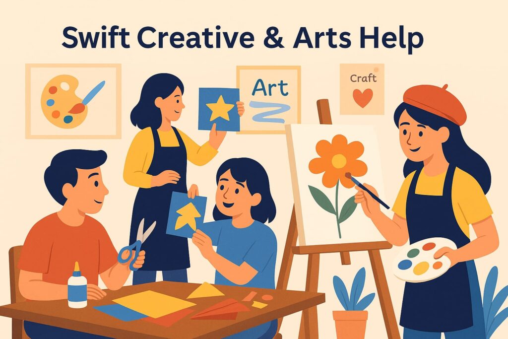 Swift Educational consultants & Students creating art and craft projects with painting, paper cutting, and creative drawing — creative arts help and craft support by Swift Assignment Help & Writing Experts in Hyderabad