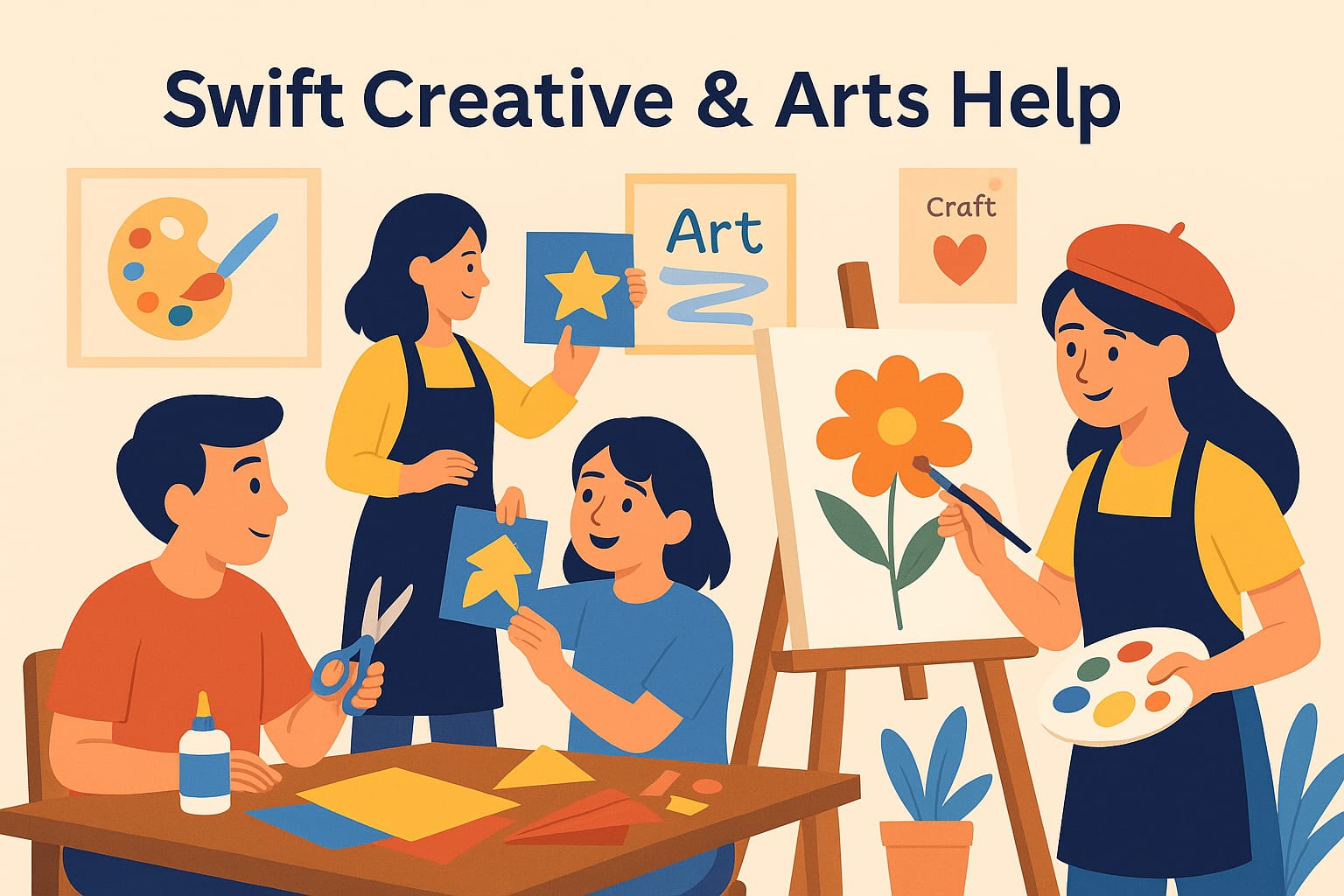 Swift Educational consultants & Students creating art and craft projects with painting, paper cutting, and creative drawing — creative arts help and craft support by Swift Assignment Help & Writing Experts in Hyderabad