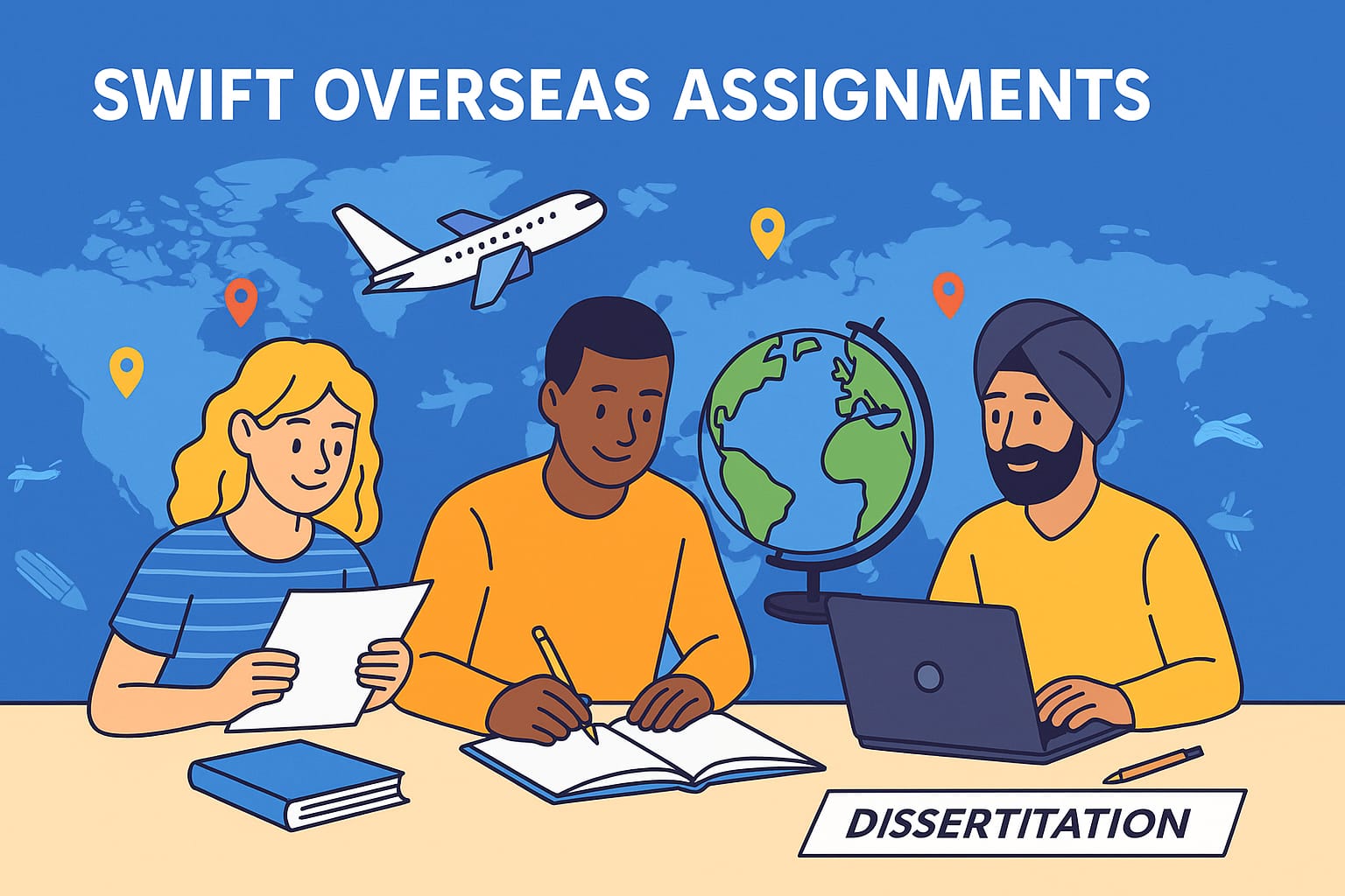 Swift educational consultants with Diverse international students working on dissertations with laptops and study materials in front of a world map — global academic assistance by Swift Assignment Help & Writing Experts for the USA, UK, Canada, Australia, UAE, and Malaysia.