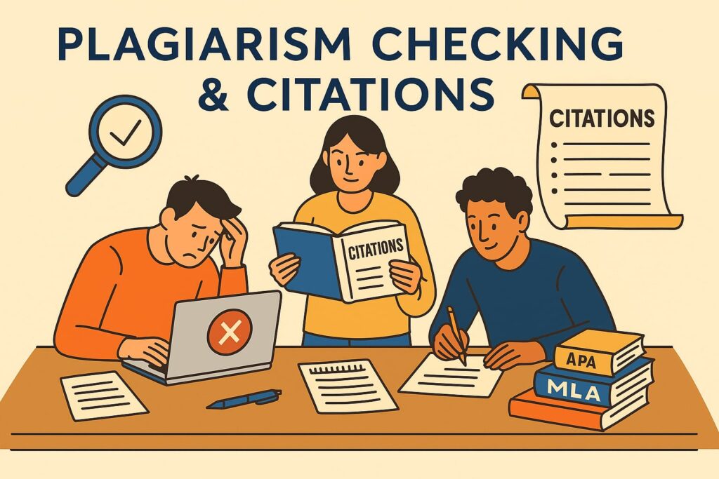 > Students checking for plagiarism and correcting citations using APA, MLA, Chicago, Harvard, IEEE, Vancouver, and other styles — expert citation and plagiarism checking support by Swift Assignment Help & Writing Experts in Hyderabad.