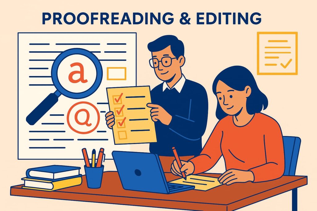 Academic professionals proofreading and editing documents with laptops, checklists, and grammar correction visuals — expert proofreading services by Swift Assignment Help & Writing Experts in Hyderabad.
