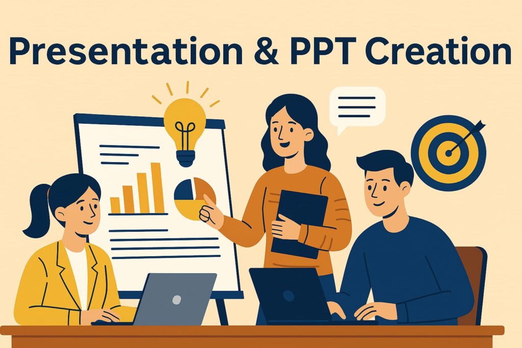 Team of students creating a professional presentation with laptops, charts, and visual slides — expert PPT and presentation design support by Swift Assignment Help & Writing Experts in Hyderabad.