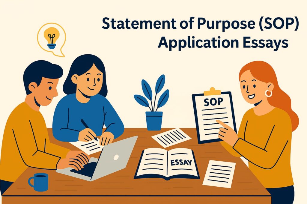 Students preparing Statement of Purpose (SOP) and application essays with laptops, essay drafts, and guidance — expert SOP writing services by Swift Assignment Help & Writing Experts in Hyderabad.