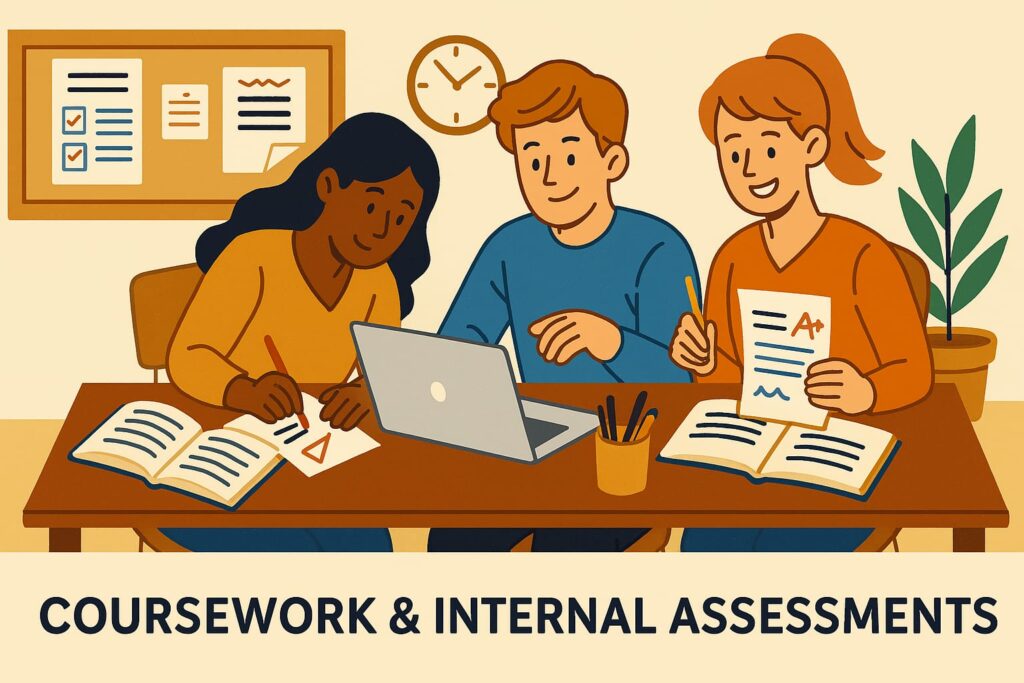 Students collaborating on coursework and internal assessments with laptops, books, and grade sheets — personalized academic support by Swift Assignment Help & Writing Experts in Hyderabad.