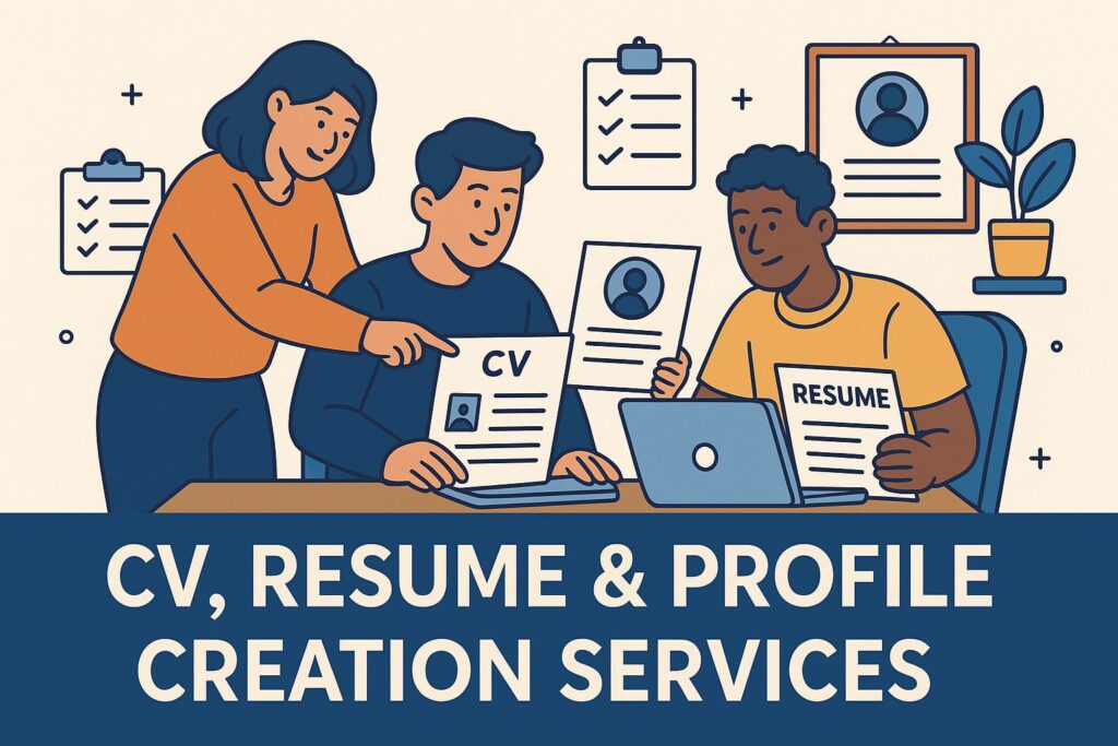 Group of young professionals collaboratively creating CVs and resumes on laptop with profile templates — expert CV, resume, and profile writing services by Swift Assignment Help & Writing Experts in Hyderabad.