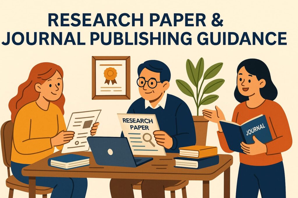 Academic professionals discussing research paper structure and journal publication guidelines with laptops and books — expert research and publishing guidance by Swift Assignment Help & Writing Experts in Hyderabad.