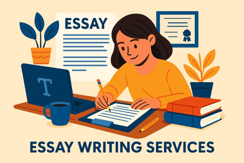 Student writing an academic essay with books, certificate, and laptop setup — personalized essay writing support by Swift Assignment Help & Writing Experts in Hyderabad.