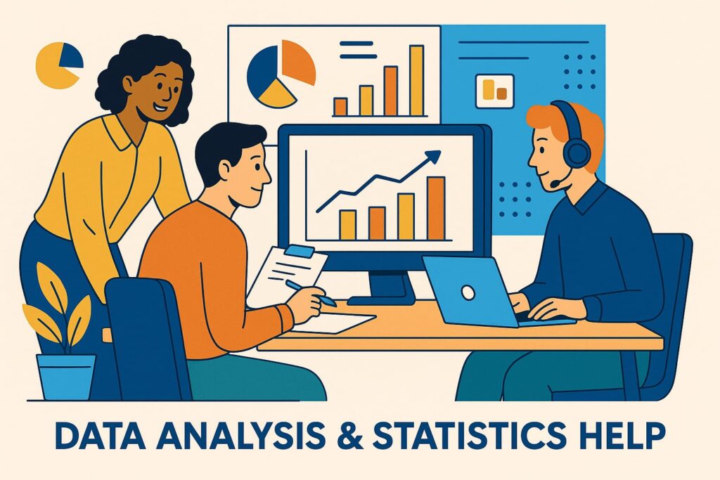 > Students analyzing data and statistical reports using charts, graphs, and software with expert guidance — advanced data analysis and statistics support by Swift Assignment Help & Writing Experts in Hyderabad.