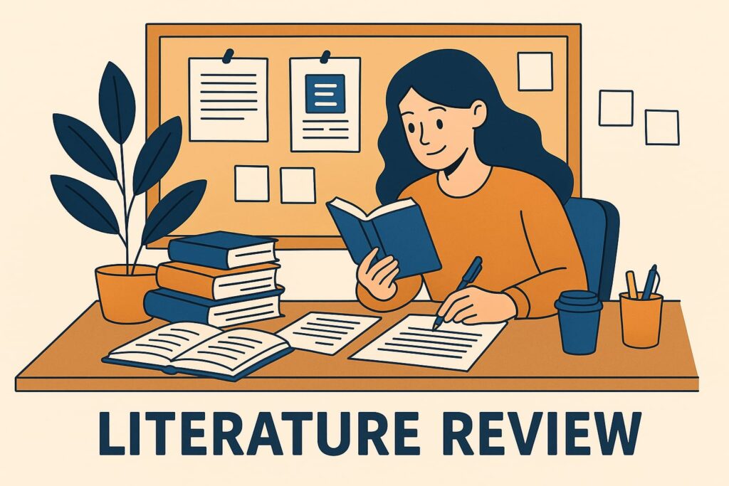 Student analyzing academic sources and writing a detailed literature review with multiple reference books on desk — expert literature review assistance by Swift Assignment Help & Writing Experts in Hyderabad.