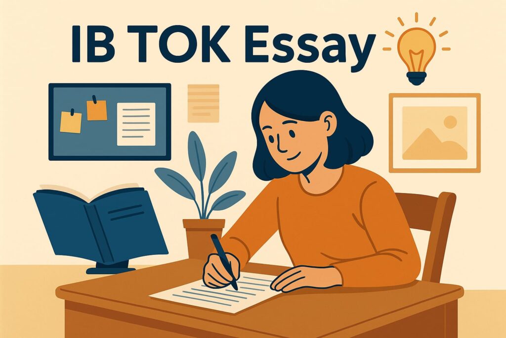 IB student writing Theory of Knowledge (TOK) essay with organized study setup and visual cues — expert TOK essay writing help by Swift Assignment Help & Writing Experts in Hyderabad.
