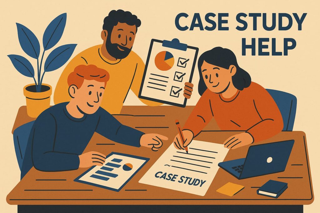 Group of students collaboratively preparing a detailed case study with charts, checklists, and laptops — expert case study writing support by Swift Assignment Help & Writing Experts in Hyderabad.
