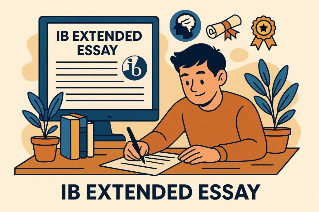 Student writing IB Extended Essay draft at a desk with plants and books, while referencing digital resources on a computer — guided support by Swift Assignment Help & Writing Experts in Hyderabad for International Baccalaureate (IB) students.